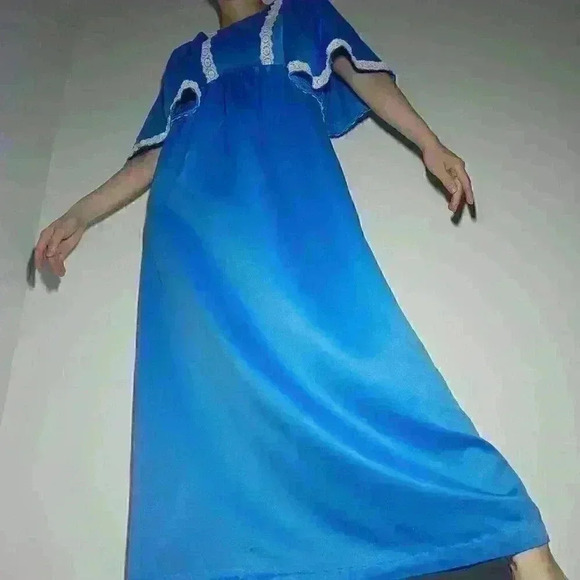 Vintage 70s bright blue babydoll maxi dress with big sleeves & lace ✦ Handmade ✦ - Picture 10 of 16